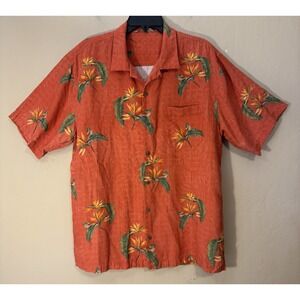 Tommy Bahama Silk Shirt Men L Large Hawaiian Short Sleeve Button Tropical Orange